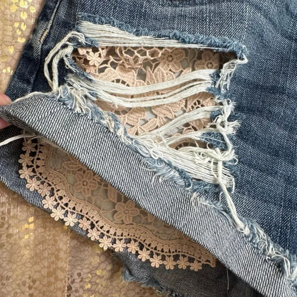 American Eagle Hi Rise Crochet Pocket Boho Distressed Festival Shorts 10